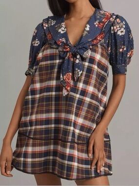 Anthropologie Pilcro fall NWT Short sleeve bow front tunic mini Plaid Dress